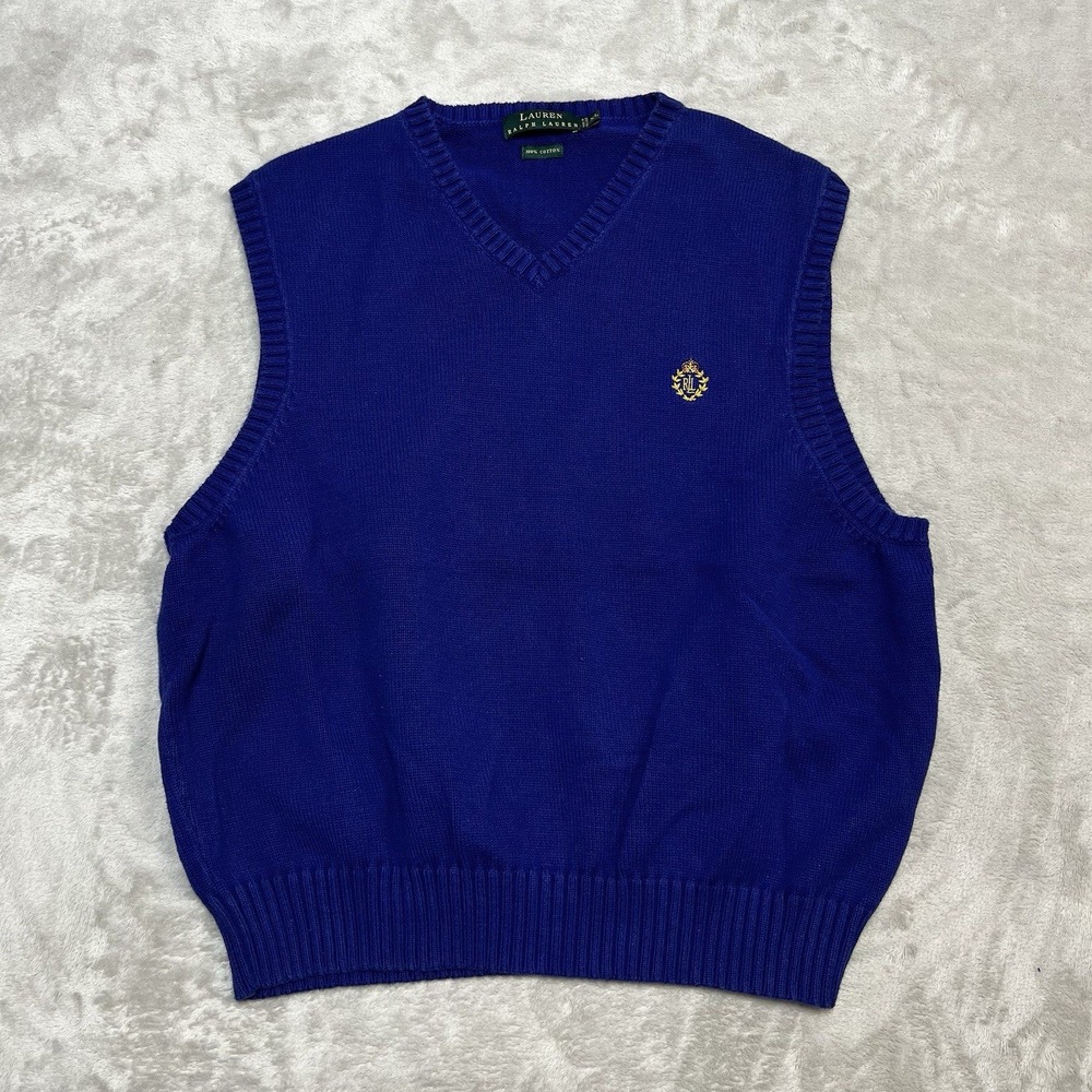 VTG Lauren Ralph Lauren Cotton V-Neck Sweater Vest Blue Crest Logo Mens Size XL